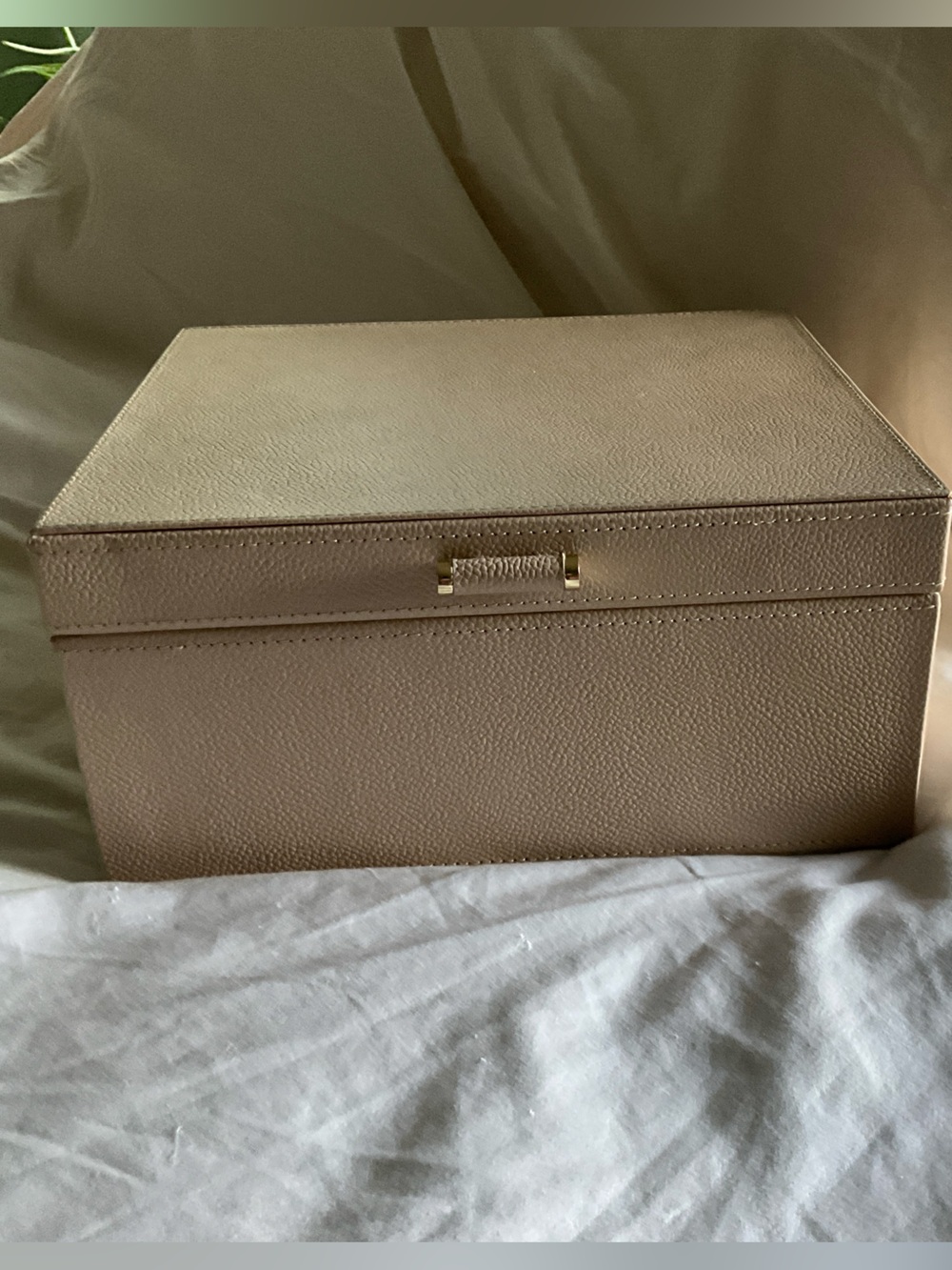 Beige Pebble Leather Double Stack Jewelry Box with Gold Hardware